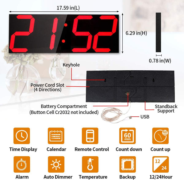 18-Inch LED Digital Wall Clock with Remote Control