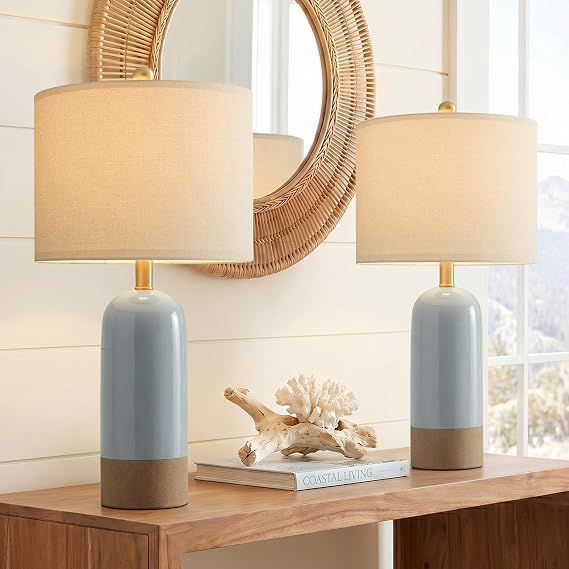 PoKat 24'' White Ceramic Table Lamps Set of 2, Farmhouse Bedside Lamps for Bedroom, Modern Nightstand Lamps for Living Room, Boho Rustic Table Lamps for Office Entryway Hallway, White & Earthy Yellow