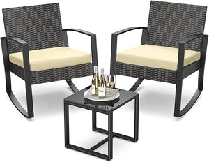3-Piece Outdoor Rattan Rocking Bistro Set with Coffee Table