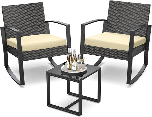 3-Piece Outdoor Rattan Rocking Bistro Set with Coffee Table
