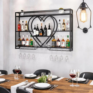 Wall Mounted Wine Rack with LED Lighting & Stemware Holder – 3-Tier Metal Bar Shelf