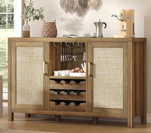 Rattan Wine Bar Cabinet with Glass Holder & Sideboard Storage