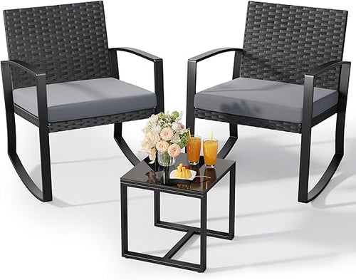 3-Piece Outdoor Rattan Rocking Bistro Set with Coffee Table