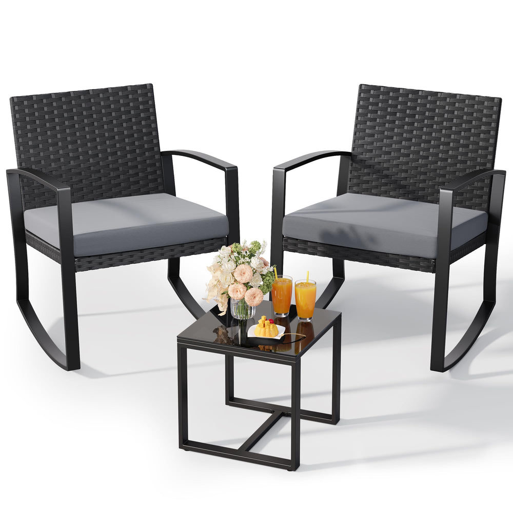 3-Piece Outdoor Rattan Rocking Bistro Set with Coffee Table