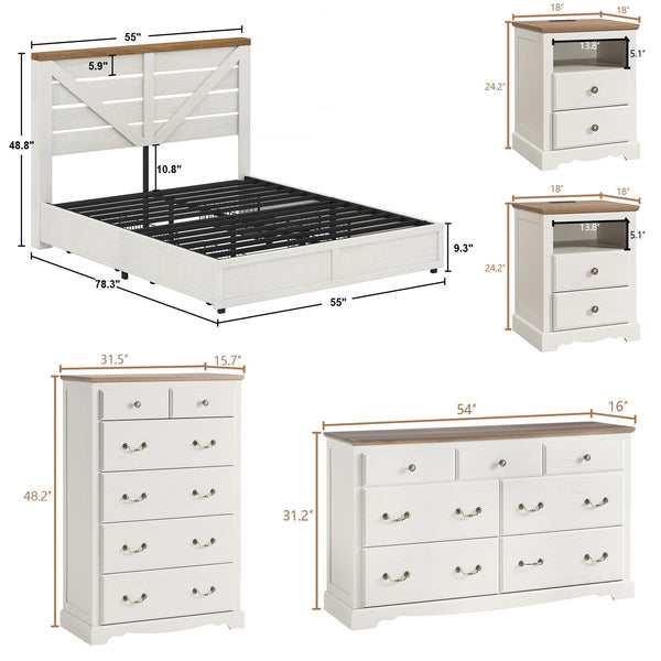 5-Piece Farmhouse Bedroom Set with Storage Bed, Dressers & Nightstands
