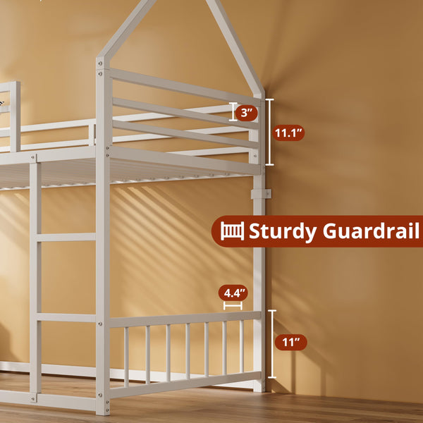 Twin XL Over Twin XL Metal Bunk Bed – House Shaped with Ladder & Guardrail