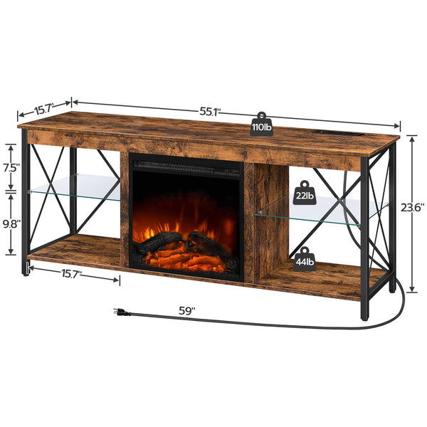 Fireplace TV Stand with Charging Station and LED Lights