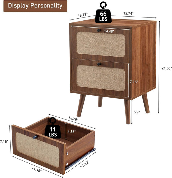 Mid-Century Nightstand Set of 2 with Drawers – Walnut