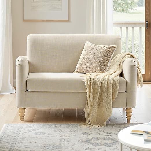 Compact Farmhouse Loveseat Sofa with Rubberwood Legs