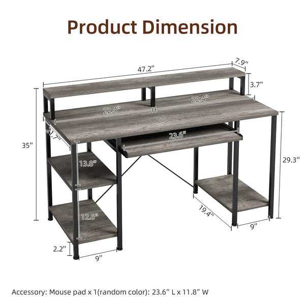 48-Inch Computer Desk with Keyboard Tray, Monitor Stand & Storage Shelves