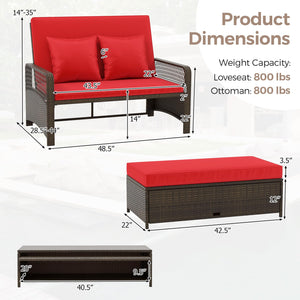 PE Rattan Double Chaise Lounge Set with Adjustable Back & Storage Ottoman