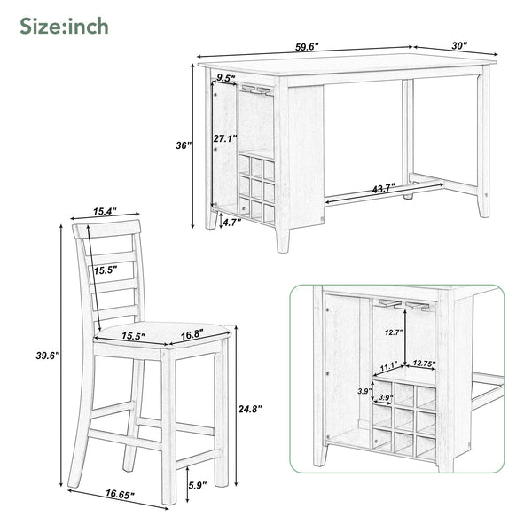 5-Piece Counter Height Dining Set with Wine Storage — Rubber Wood, Brown & White Wash