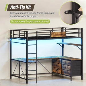 Twin Loft Bed with L-Shaped Desk, LED Lights & Storage