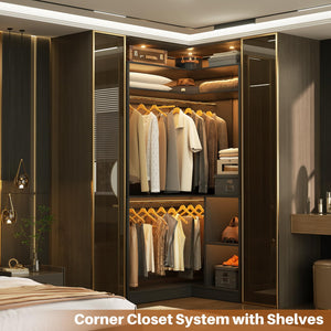 L-Shaped Corner Closet System with Shelves & Hanging Rods