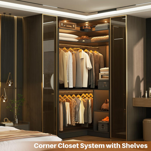 L-Shaped Corner Closet System with Shelves & Hanging Rods