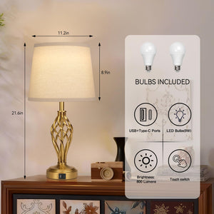 Touch Bedside Table Lamps Set of 2 with USB Charging Ports