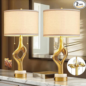 Gold Sculptural Table Lamp Set of 2 with USB Ports & Marble Base