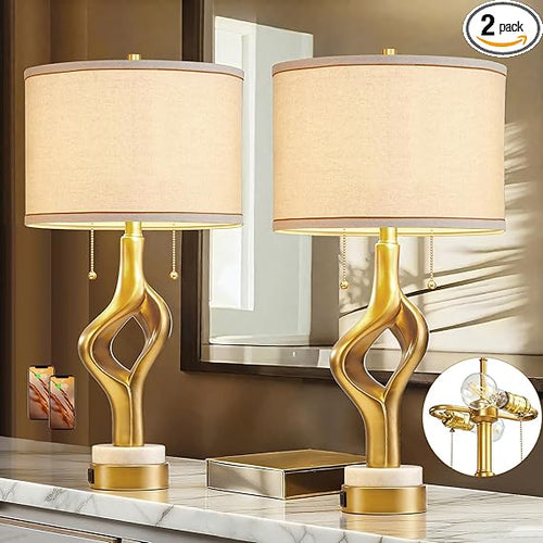Gold Sculptural Table Lamp Set of 2 with USB Ports & Marble Base