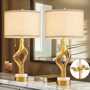 Gold Sculptural Table Lamp Set of 2 with USB Ports & Marble Base