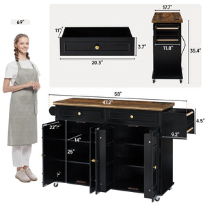 58" Mobile Kitchen Island Cart with Power Outlet, Storage Cabinets & Spice Rack