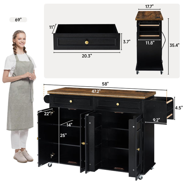 58" Mobile Kitchen Island Cart with Power Outlet, Storage Cabinets & Spice Rack