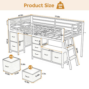 Twin Low Loft Bed with Storage Drawers, Bookcase & LED Lights