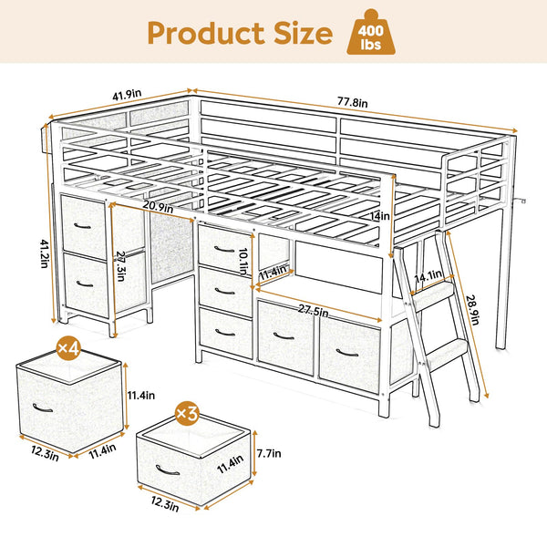 Twin Low Loft Bed with Storage Drawers, Bookcase & LED Lights