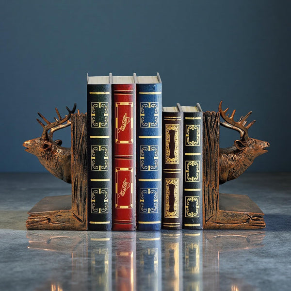 Deer Head Bookends Set – Antique Bronze Resin, Woodland Decor