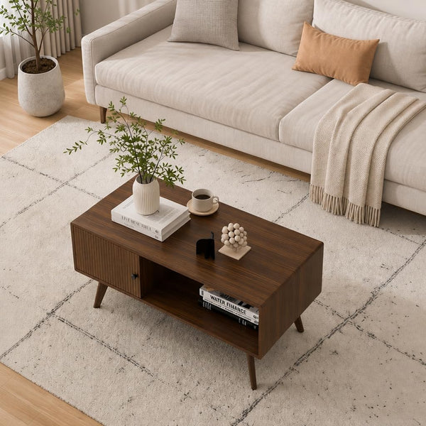 Manora Mid Century Modern Coffee Table with Storage Cabinet and Open Shelf, Wooden Living Room Table with Fluted Drawer and Solid Wood Legs, Walnut Finish Center Table for Small Spaces