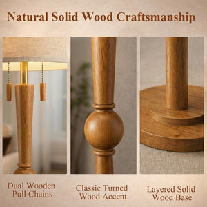 62.8" Wood Floor Lamp with 2-Light Pull Chain & Linen Drum Shade