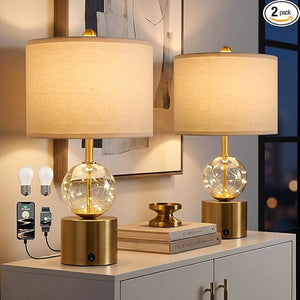 22" Glass Table Lamps Set of 2 with LED Night Light & USB Ports