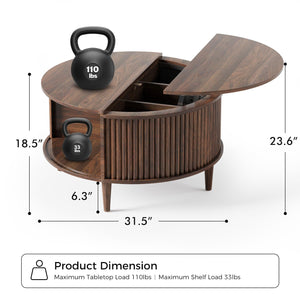 Round Fluted Lift Top Coffee Table with Storage & Sliding Cabinet Door