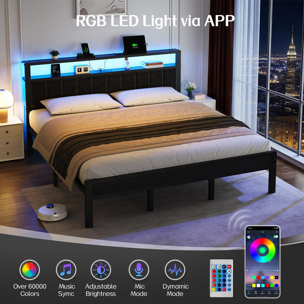 King Bed Frame with LED Lights & Charging Station