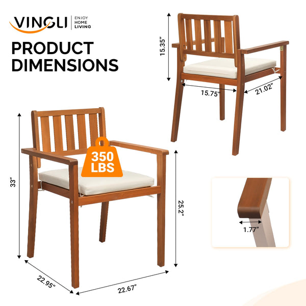 Stackable Acacia Wood Outdoor Dining Chairs with Cushions & Armrests – 4 Pack