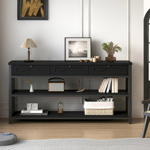 55-Inch Console Table with 3 Drawers and Open Shelves