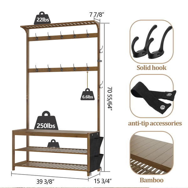 Bamboo Hall Tree with Bench, Shoe Storage & 14 Coat Hooks