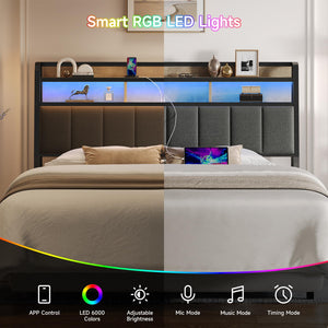 Upholstered Headboard with LED Light, Storage & Charging Station