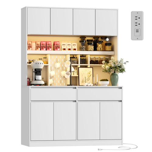71" Tall Kitchen Pantry Cabinet with LED Light & Charging Station