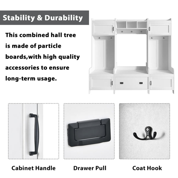 White Entryway Hall Tree with Bench & Shoe Storage