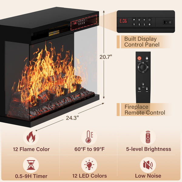 Fireplace TV Stand with 3-Sided Glass & LED Lights