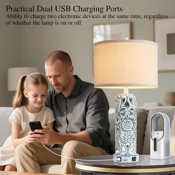 Coastal Vintage Table Lamp Set of 2 with USB Ports & Nightlight