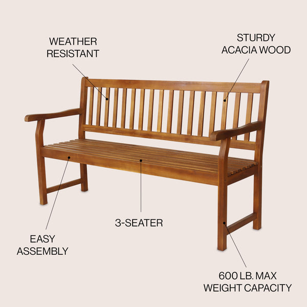 Acacia Wood Outdoor Garden Bench – 3-Seat Slat-Back, 600 lbs Support