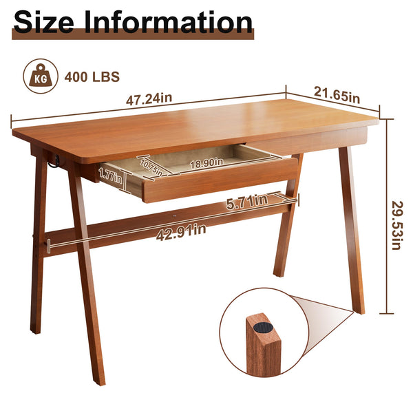 47" Mid-Century Modern Writing Desk with 2 Drawers & Storage Shelf