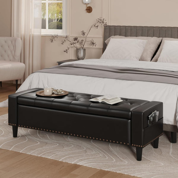 60" Upholstered Storage Ottoman Bench with Tufted Faux Leather & Nailhead Trim