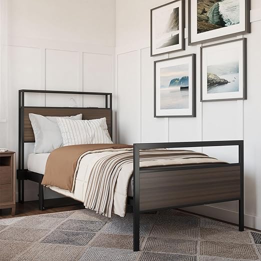 Space Saving Lift Bed with Built-In Charging Station – Dark Walnut