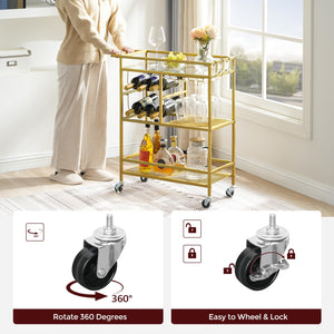 3-Tier Rolling Bar Cart with Wine Rack & Glass Holders