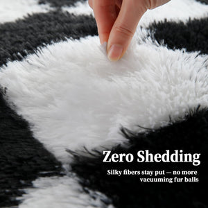 Checkered Shag Area Rug – Black & White Plush Non-Slip Carpet