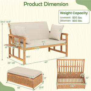 Acacia Wood Outdoor Daybed Set with Adjustable Backrest & Storage Ottoman