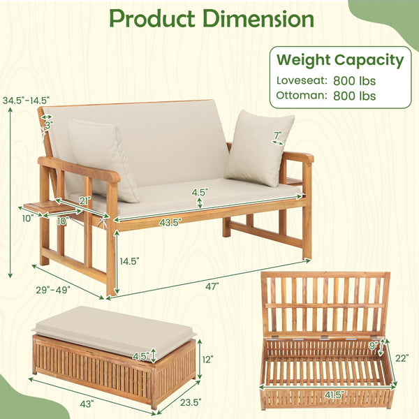 Acacia Wood Outdoor Daybed Set with Adjustable Backrest & Storage Ottoman