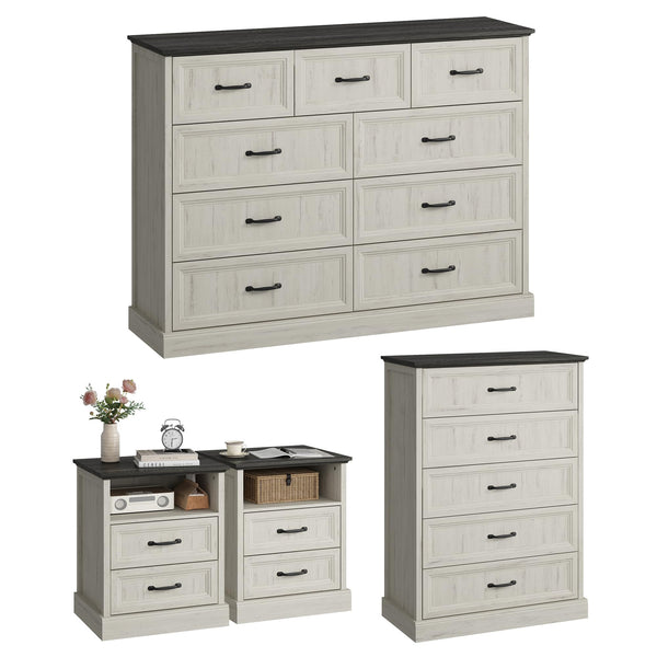 4-Piece Farmhouse Dresser & Nightstand Bedroom Set – 14 Drawers, White